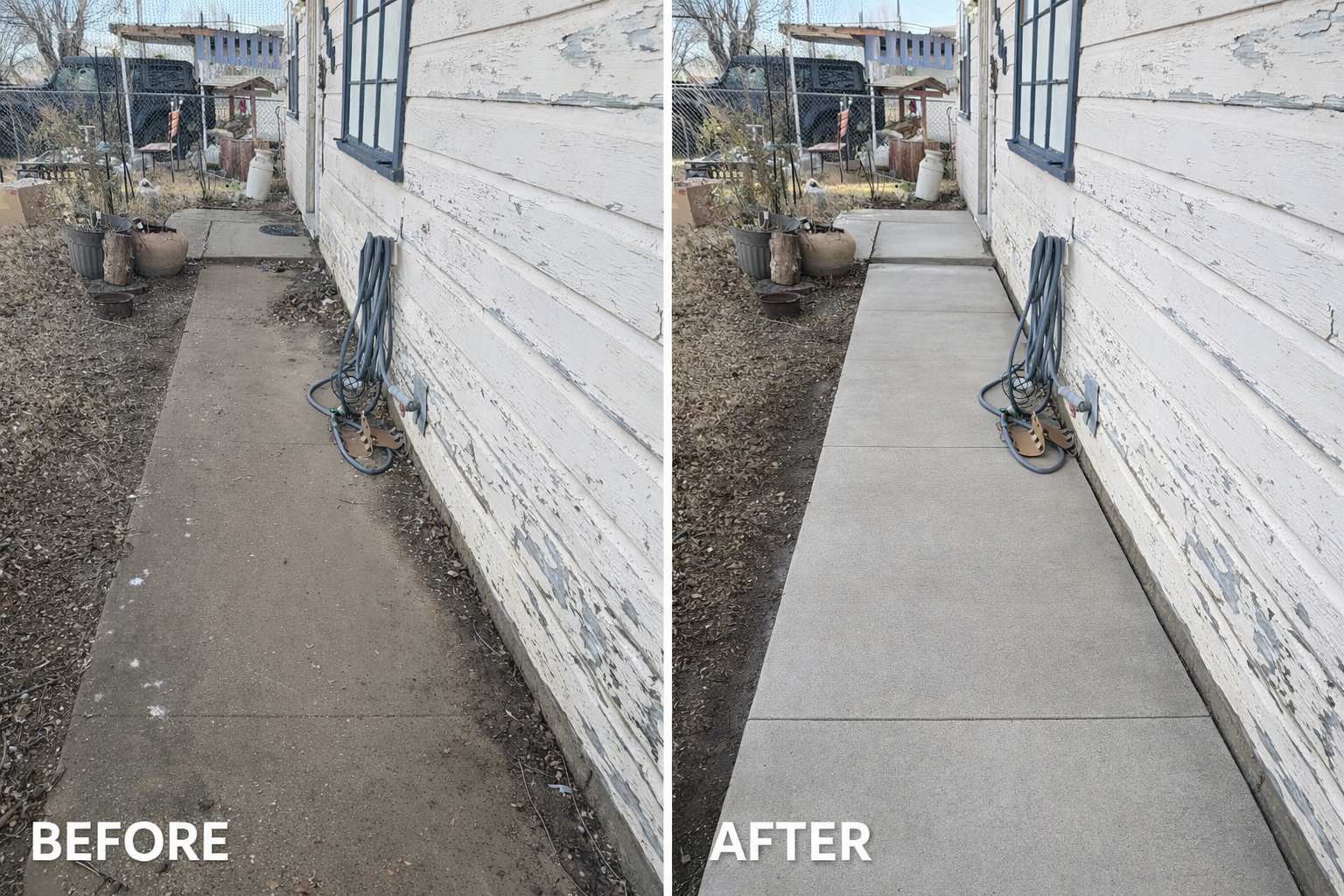 Before and after concrete pathway pressure washing in Amarillo TX by Westland Exterior Cleaning