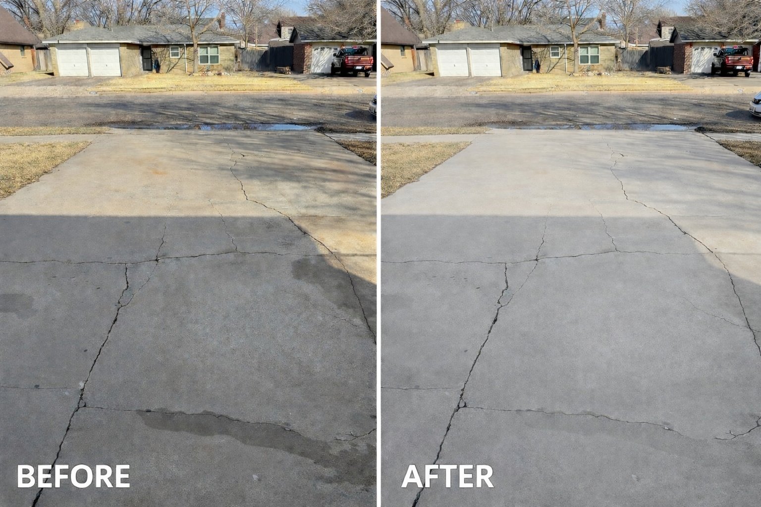 Residential driveway cleaning before and after Amarillo Texas Westland Exterior Cleaning